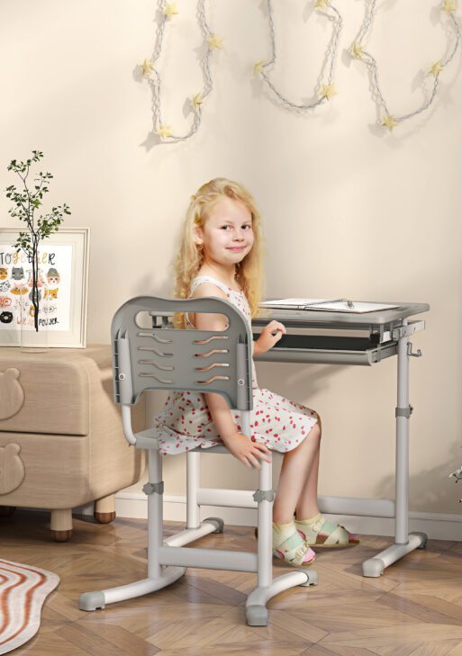 Height Adjustable Kids Desk and Chairs Set with Tilt Desktop, Storage Drawer, Pen Slot, Hook, Gray
