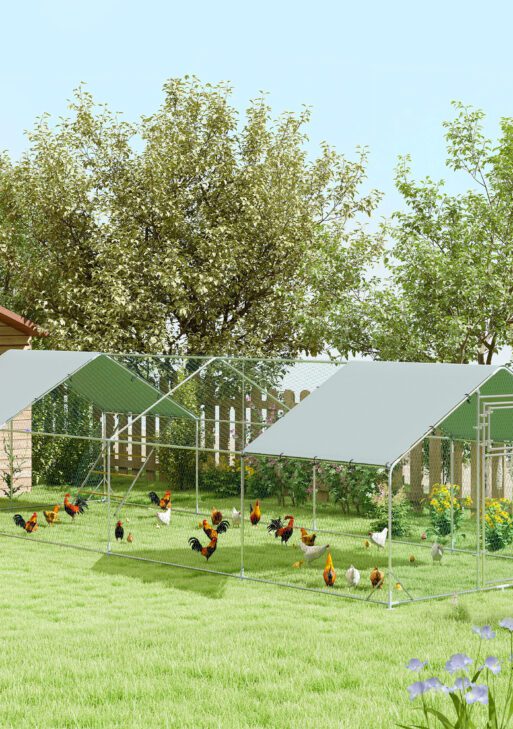 Metal Chicken Run w/ Waterproof & Anti-UV Cover, Feeding Door, Hanging Feeder, for 24-30 Chickens, 9.8' x 26.2' x 6.4'