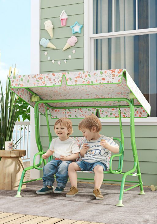 Kids Patio Swing Chair with Adjustable Canopy, Safety Belt for Patio, Garden, Poolside, Balcony, Green