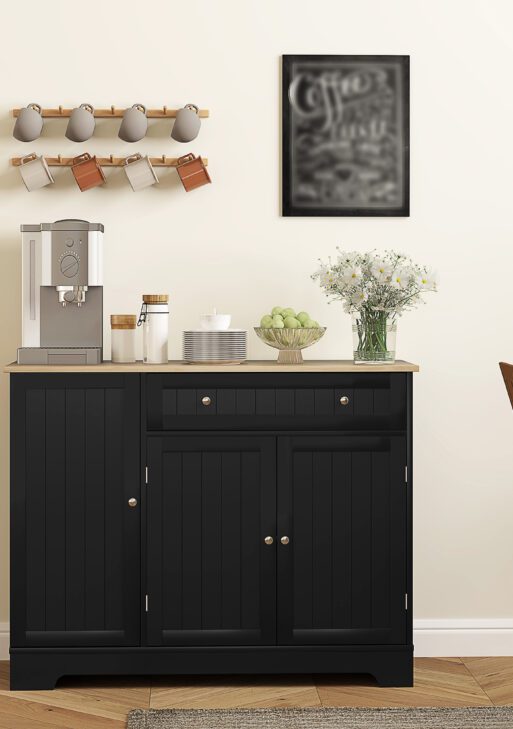 Modern Sideboard Cabinet, 41" Kitchen Buffet Cabinet with Drawer, Adjustable Shelf, 3 Doors for Dining Room, Black