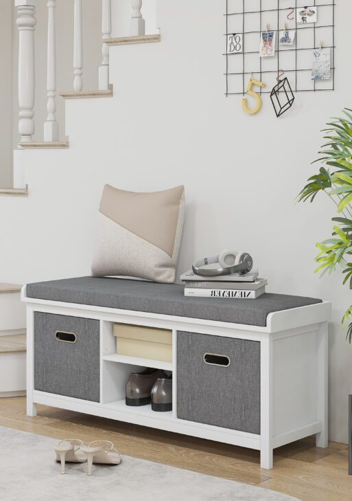 Shoe Storage Bench with Cushioned Seat, Entryway Bench Seat with 2 Drawers and Adjustable Shelf for Hallway, White