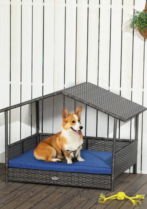 Wicker Dog House with Removable Cushion Lounge, Dark Blue
