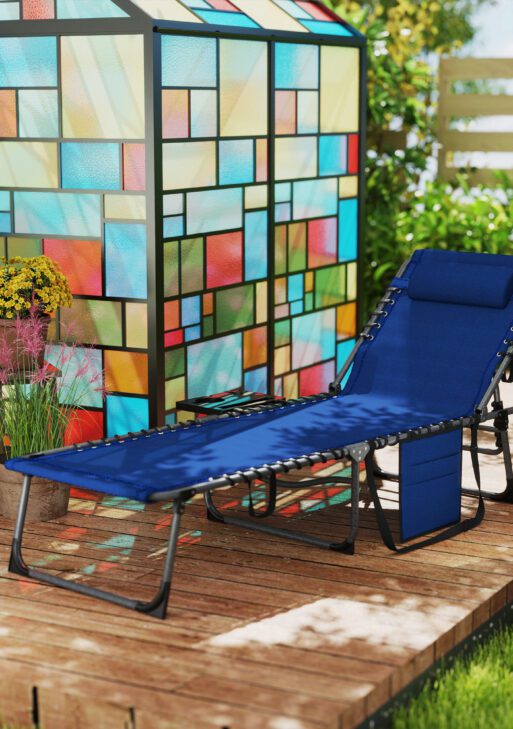 Folding Outdoor Chaise Lounge Chair Tanning Chair with 5-Level Adjustable Back, Side Table, Pillow, Pocket, Dark Blue