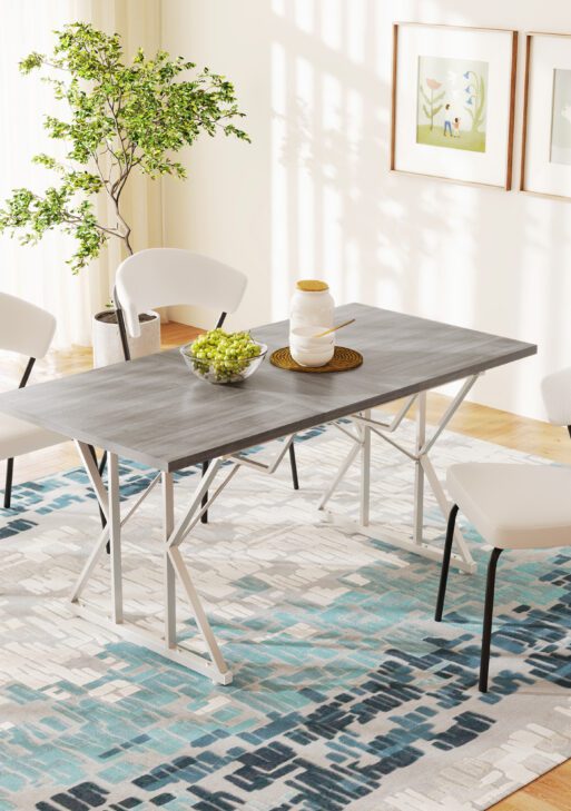 47"-63" Extendable Dining Table for 4-6, Farmhouse Expandable Kitchen Table with Heavy Duty Trestle Base, Gray