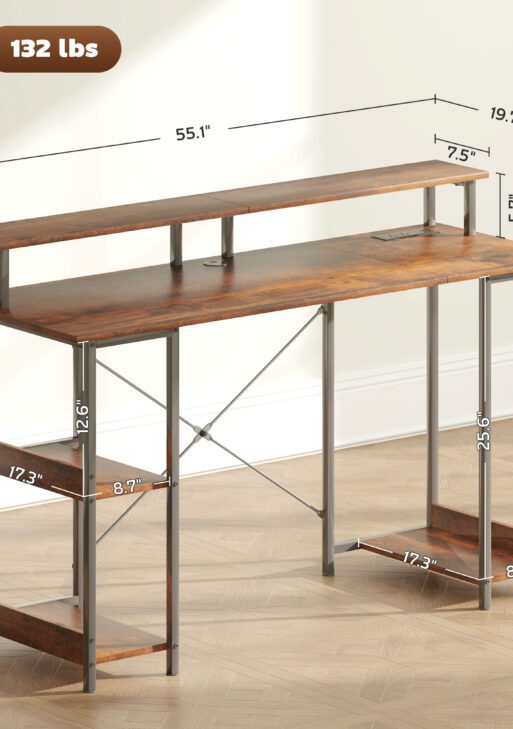 Computer Desk with Storage, 55" Reversible Computer Table with Power Outlets and LED Lights, Rustic Brown