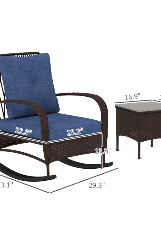 3 Piece Wicker Patio Furniture Set, Outdoor PE Rattan Rocking Chairs with Coffee Table, Cushions for Porch, Brown
