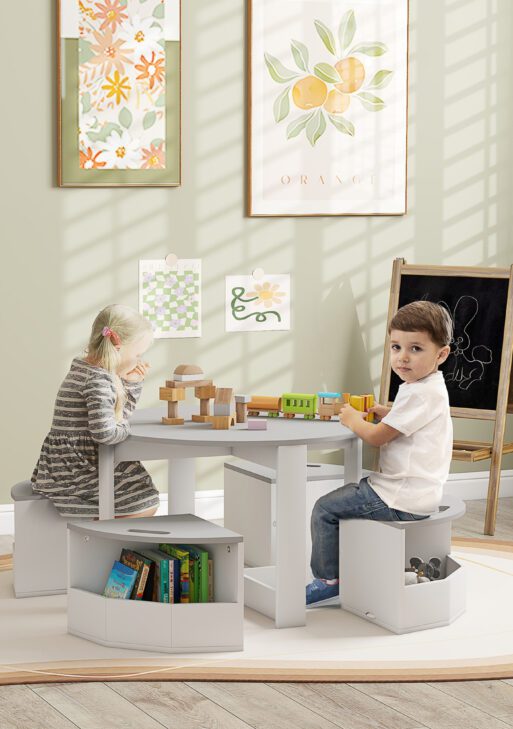5 Piece Kids Table and Chairs Set with Storage for Art, Craft, Drawing, Playroom, Classroom, Nursery, Gray
