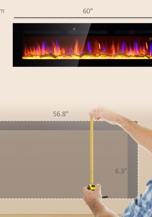 60" Recessed or Wall Mounted Electric Fireplace Heater with Remote Control, Adjustable Flame Color and Brightness