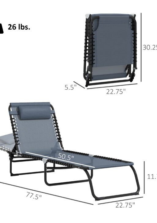 2 Folding Chaise Lounge Pool Chairs with 4-Position Reclining Back, Pillow, Breathable Mesh & Bungee Seat, Gray
