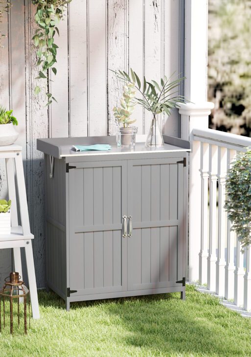 Outdoor Storage Cabinet, Garden Tool Shed with Metal Tabletop and Shelf, Wooden Potting Bench with 2 Doors, Gray