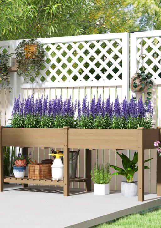 Wood Raised Garden Box, Elevated Garden Bed with Side Table, Bottom Shelf, Bed Liners and Drainage Holes, Carbonized