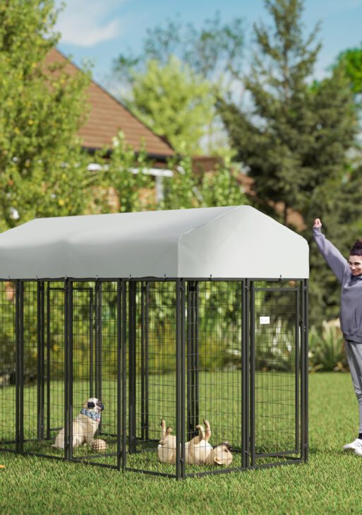 Outdoor Dog Kennel with Two-Room Design, Water-Resistant & Sun-Proof Cover, for S, M, L Dogs, 8' x 4' x 6'
