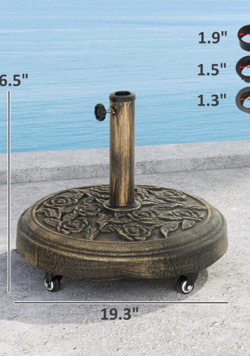 Round Patio Umbrella Base, 46 lbs Resin Umbrella Base with Wheels, Outdoor Umbrella Stand for 1.3"/1.5"/1.9" Umbrella Poles for Outdoor, Lawn, Poolside, Bronze
