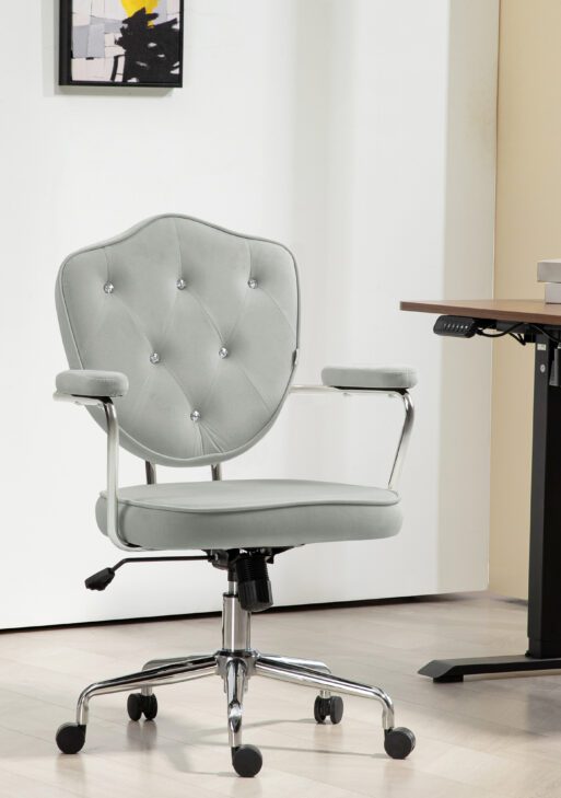 Cute Office Chair, Desk Chair with Button Tufted Velvet-Feel Fabric, Swivel Computer Vanity Chair, Gray