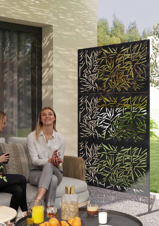 Decorative Privacy Fence Screen, Metal Outdoor Privacy Screen Climbing Plant Trellis with Stand, Bamboo Black