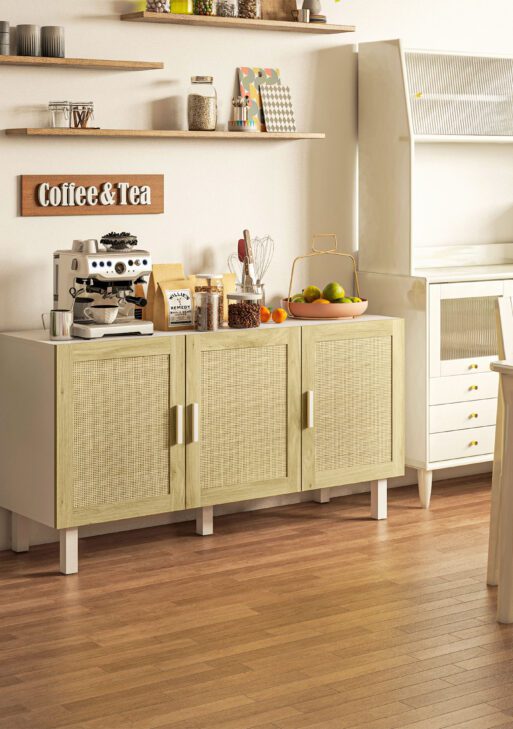 Boho Kitchen Cabinet, Buffet Cabinet with 3 Rattan Doors and Adjustable Shelves for Dining Room, White and Natural