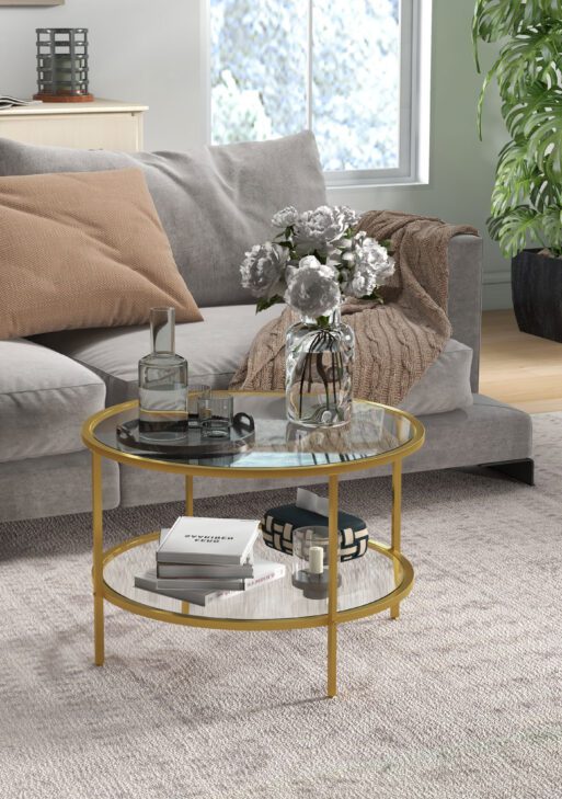 Side Table with Storage, 26" Round End Table, 2-Tier Tempered Glass Coffee Table with Steel Frame for Living Room, Gold