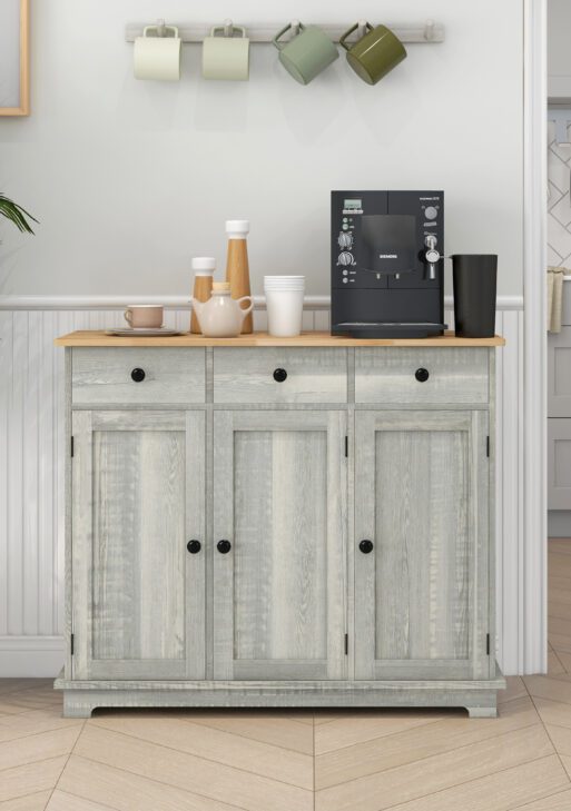 Kitchen Storage Cabinet, Sideboard Floor Cupboard with Solid Wood Top, Adjustable Shelf, and 3 Drawers, Light Gray