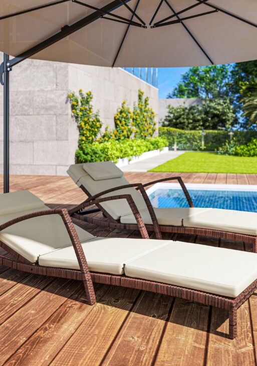 Set of 2 Wicker Chaise Lounge Chair Outdoor Patio Lounger with 5 Adjustable Back, Wheels, Cushion, and Armrests, Beige