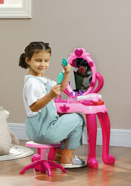 Kids Vanity Set with Mirror and Stool, Light and Sound, 15 Accessories, Pink