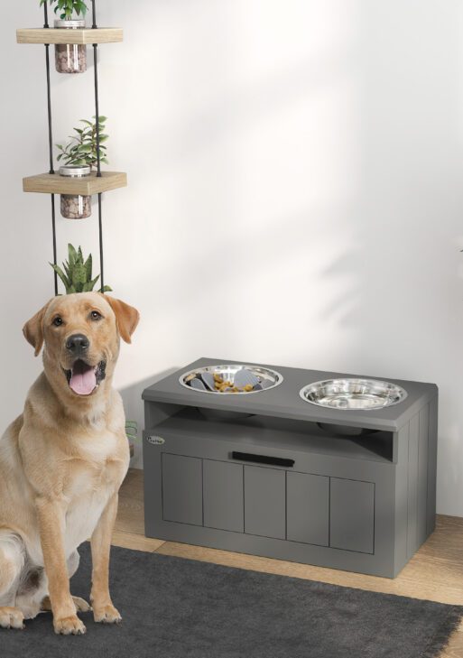 Elevated Dog Bowls, Large Breed Raised Dogs Bowl Stand with 2 Stainless Steel Bowls, Storage Drawer and Slow Feeder Mat
