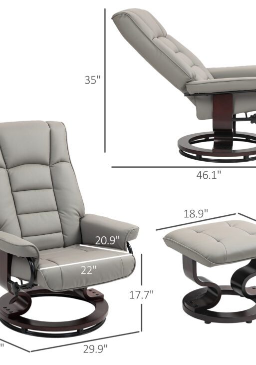 Faux Leather Recliner with Ottoman, Swivel Recliner Chair and Ottoman with High Back and Wood Base, Gray