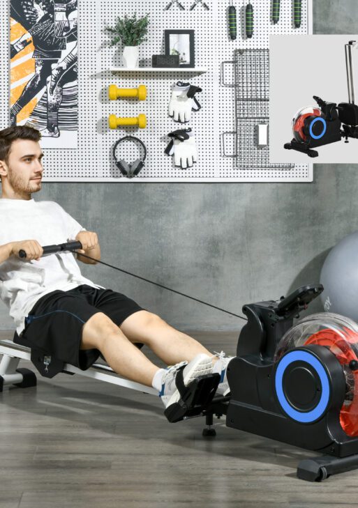 Foldable Rower Machine, Water Rowing Machine with Wheels, LCD Monitor and Tablet Holder for Cardio Training, Blue