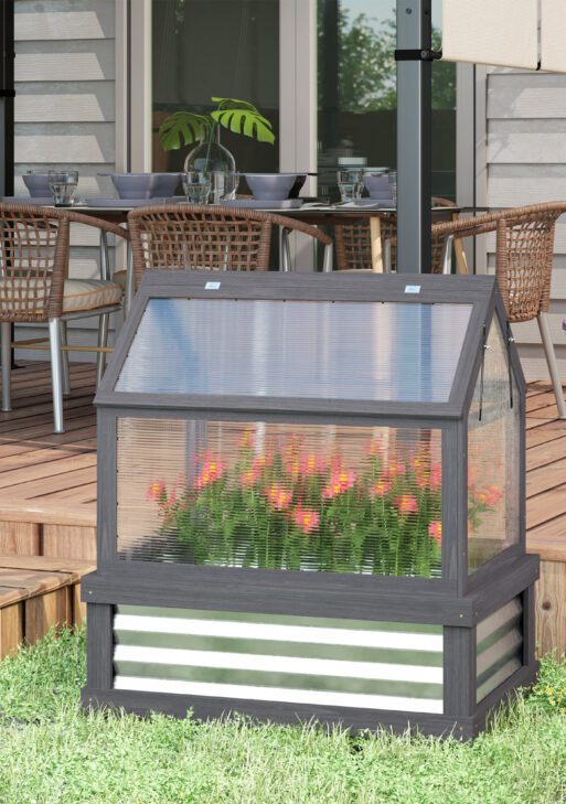 Raised Garden Flower Bed Kit with Greenhouse, Wooden Cold Frame Planter, 35.5" x 22.5" x 38.25", Gray