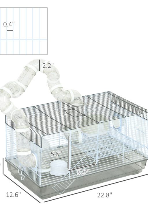 Small Animal Cage for Gerbil or Dwarf Hamster w/ Tubes, Exercise Wheel, Food Dish, Water Bottle, 23" x 13" x 12", Gray