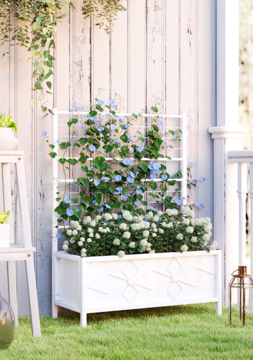 Outdoor Planter Box Galvanized Raised Garden Bed with Trellis for Climbing Vines, 35.4" x 15.7" x 47.2", White