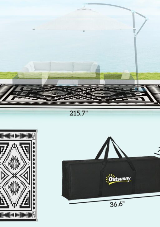 Reversible Outdoor Rug, Waterproof Plastic Straw with Carry Bag, 9' x 18', Black & White Square Patchwork
