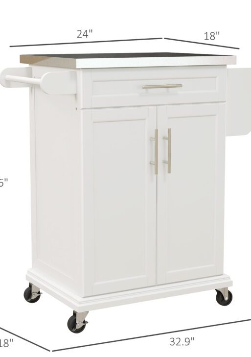 Kitchen Island with Wheels, Rolling Kitchen Island with Storage, Stainless Steel Countertop for Dining Room, Cream White
