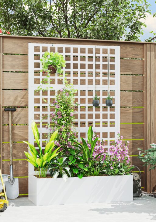 Galvanized Raised Garden Bed Planter Box with Trellis for Climbing Plants, Vegetable, Vines, 43" x 16" x 70", White