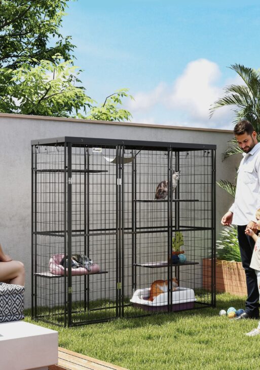 Weld Wire Catio Outdoor Indoor with Waterproof Cover, 4 Jumping Platforms, Hammock, for 1-3 Kittens, 69" x 22" x 62"
