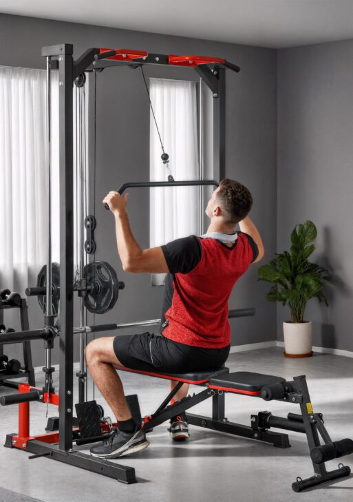 Smith Machine Power Rack with Pull Up Bar, Lat Pull Down System, Landmine, Squat Rack, Barbell Bar, for Home Gym