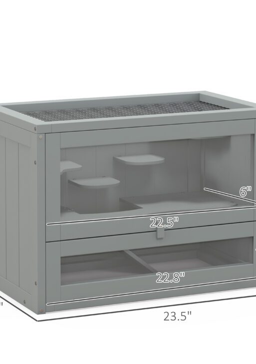 2-Level Hamster Cage with Openable Top, Door, Shelf, Ladder, Gray