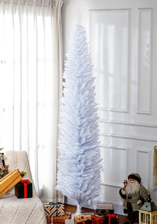 8ft Unlit Pencil Artificial Christmas Tree with Realistic Branches and 618 Tips, Plastic Base, White