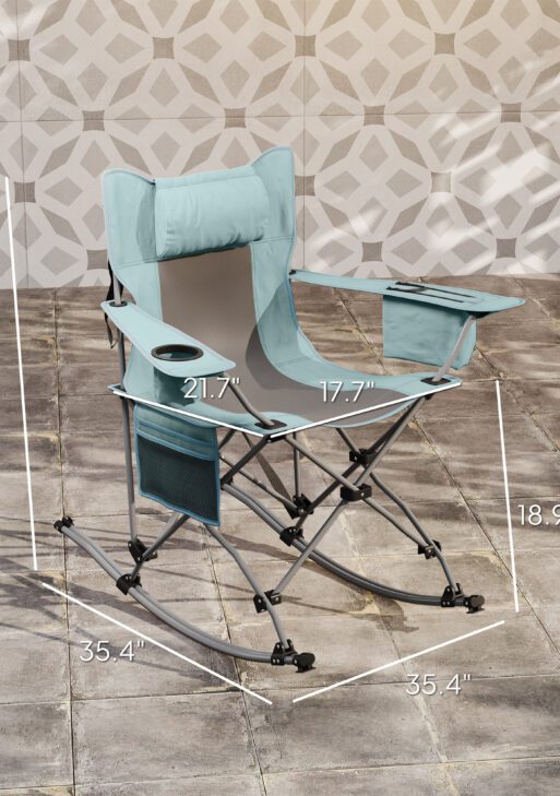Folding Rocking Camping Chairs, Portable Chairs with Headrest, Cooler Bag, Cup Holder, Carry Bag, 2 Pack, Gray