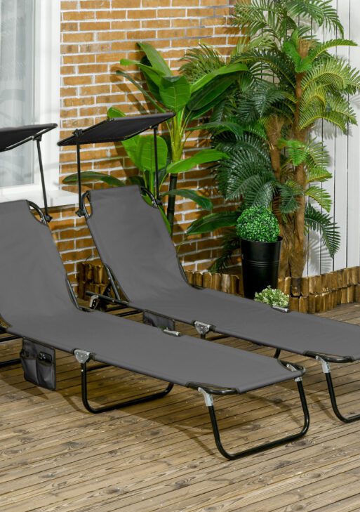 Pool Chaise Lounge Chairs Set of 2, Folding Lounge Chairs with Sunshade, Reclining Back, Steel Frame, Dark Gray
