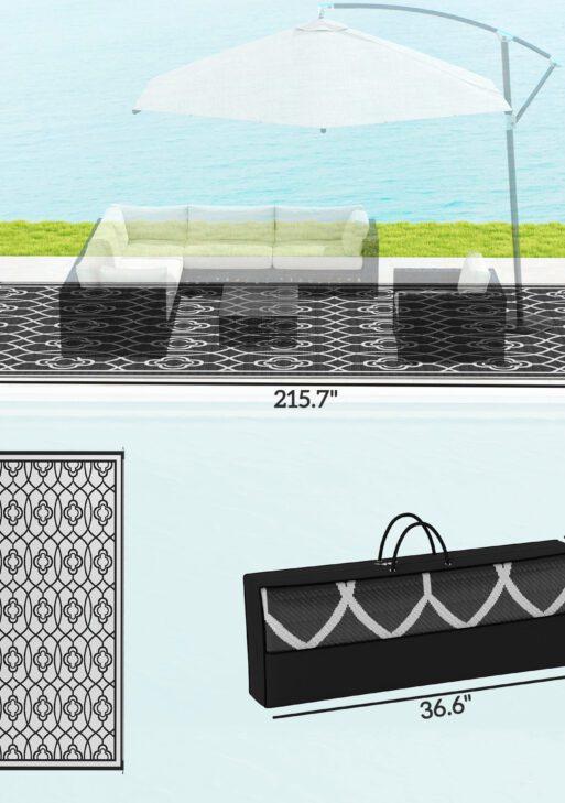 Reversible Outdoor Rug, Waterproof Plastic Straw with Carry Bag, 9' x 18', Black & White Lantern