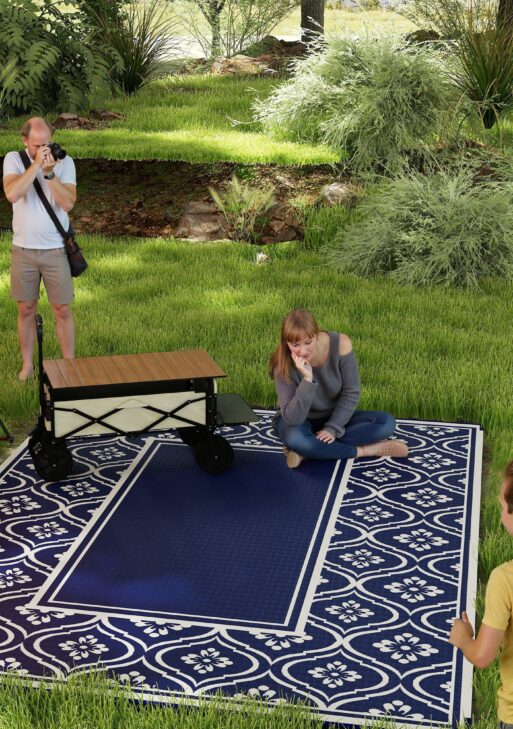 Reversible Outdoor Rug, Waterproof Plastic Straw with Carry Bag, 9' x 12', Blue & White Gourd Border