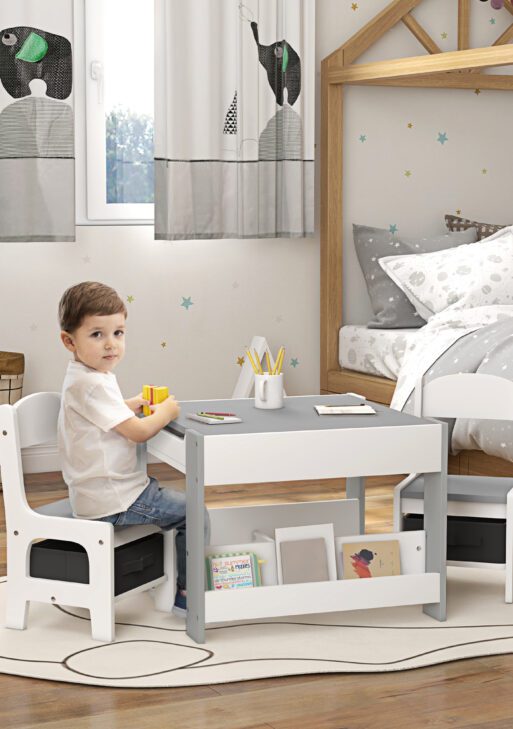 3pc Kids Table and Chair Set with Reversible Tabletop Blackboard, Storage & Bookshelves, Gray