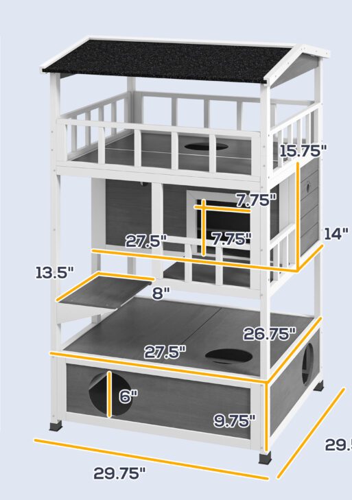 Wooden Outdoor Cat House with Asphalt Roof, Escape Doors, Condo, Jumping Platform, Light Gray