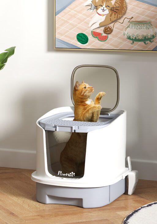 Covered Cat Litter Box with Lid, Drawer, Scoop, Top Entry, Deodorizing Bags, Odor Control, Easy to Clean, Gray
