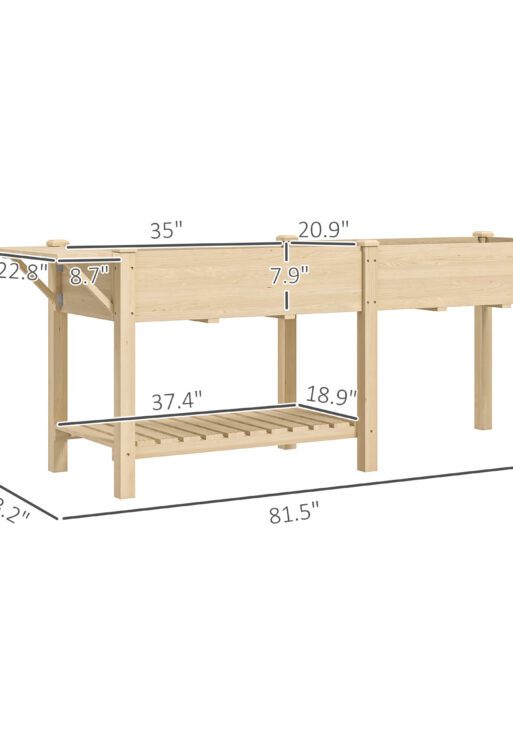 Wood Raised Garden Box, Elevated Garden Bed with Side Table, Bottom Shelf, Bed Liners and Drainage Holes, Natural