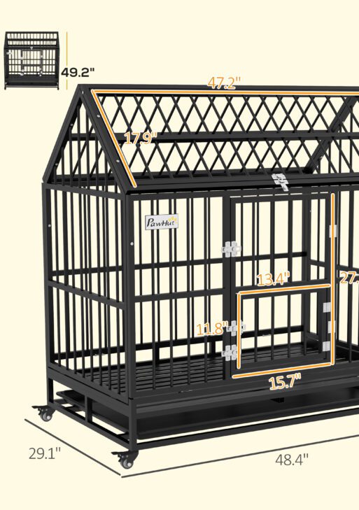 48" Heavy Duty Dog Crate with 4 Lockable Wheels, Double Doors, and Removable Tray, for XL and L Dogs
