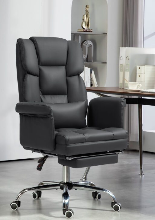 Executive Office Chair with Footrest and Lumbar Support, PU Leather Desk Chair, Ergonomic, Reclining and Swivel, Black