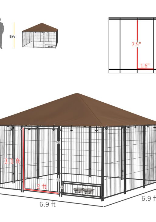 6.9' x 6.9' x 5' Outdoor Dog Kennel with Canopy Garden Playpen Fence Crate Enclosure Cage Rotating Bowl, Coffee