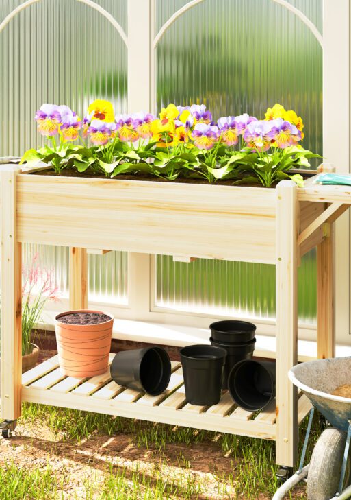 Wood Raised Planter Box, Elevated Garden Bed with Lockable Wheels, Side Tables, Bottom Shelf, Drain Holes, Natural