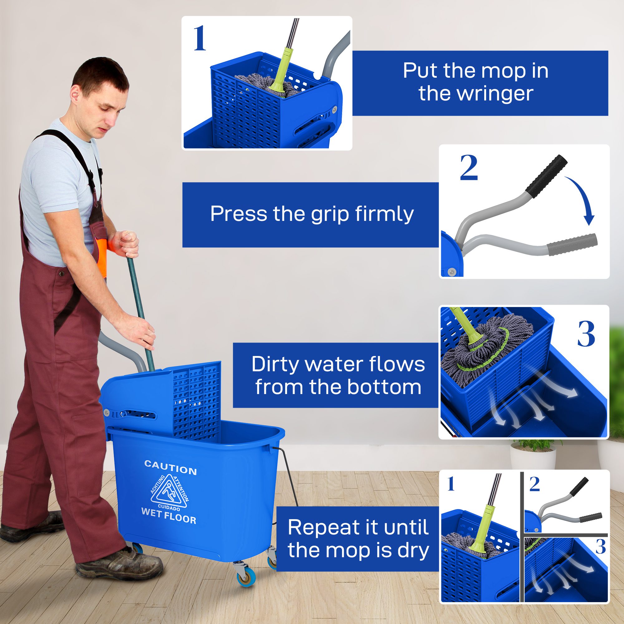 Compact Mop Bucket with Wringer, Mop Bucket on Wheels for Floor Cleaning, 21 Quart, Separate Dirty and Clean Water, Blue - Image 4